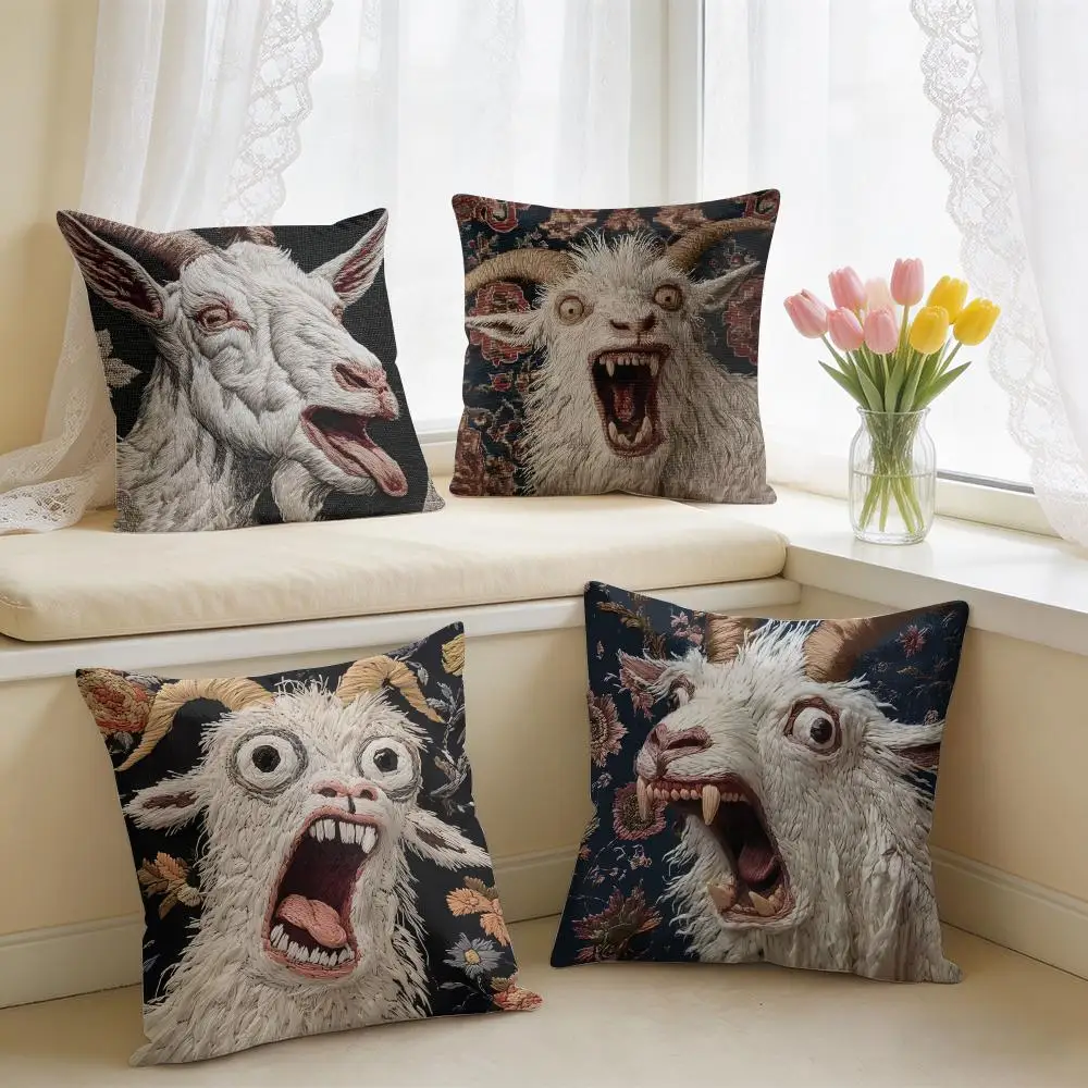 Spooky Goat Face 2D Cool Cushion Cover Square Short Plush Pillow Case Living Room Sofa Home Decor Funda 40X40