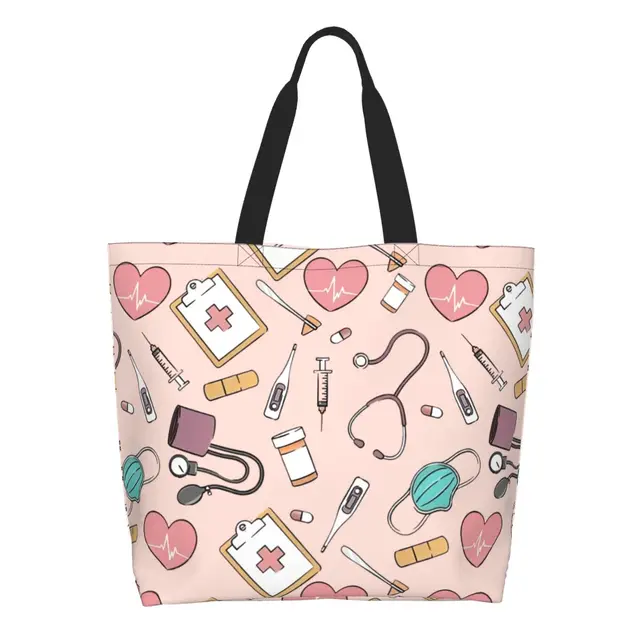 Niestandardowa torba na zakupy wielokrotnego użytku Funny Nurse Women Shoulder Canvas Tote Bag Portable Nursing Grocery Shopper Bags