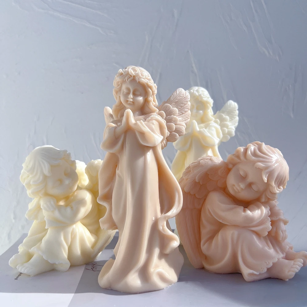 Home Decor Cherub Silicone Mold Boy Art Sculpture Soy Wax Candle Mould Praying Girl Angel Statue Mold Gardening Crafts