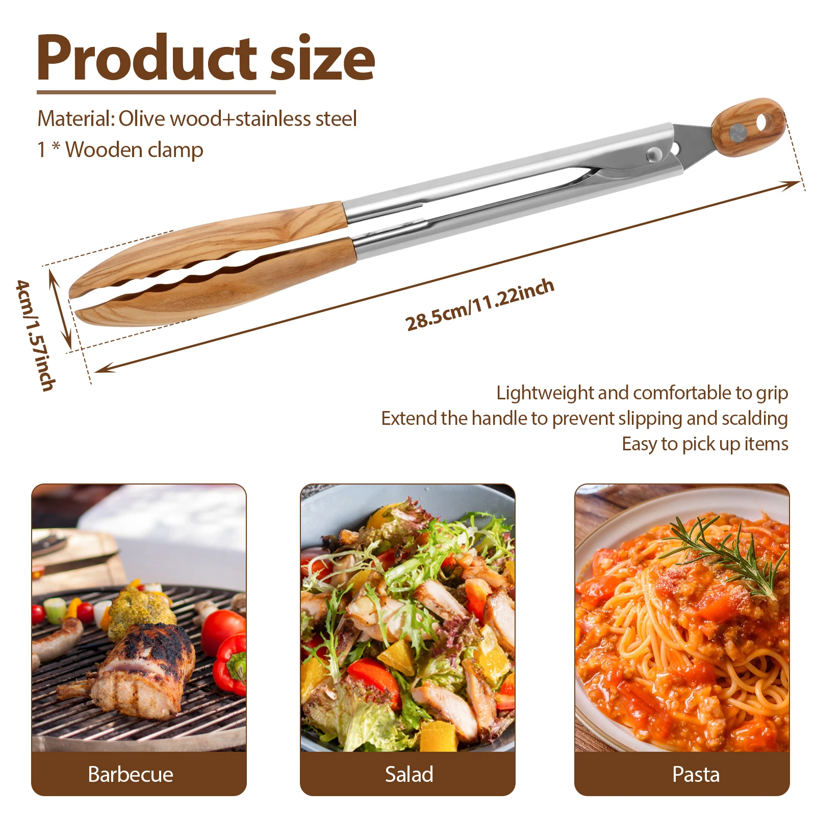 Olive Wood Cooking Tongs with Wood Tips and Stainless Steel Handle Locking Kitchen Tongs Nonstick Wood Tongs Multifunctional