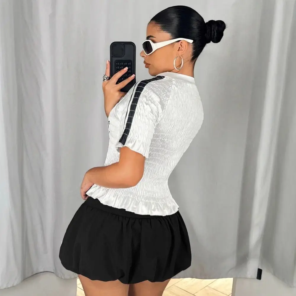 American Style Puff High Waist Shorts Casual Stripe Drawstring Short Pants Loose Sweatpants Wide Leg Shorts Women Girl