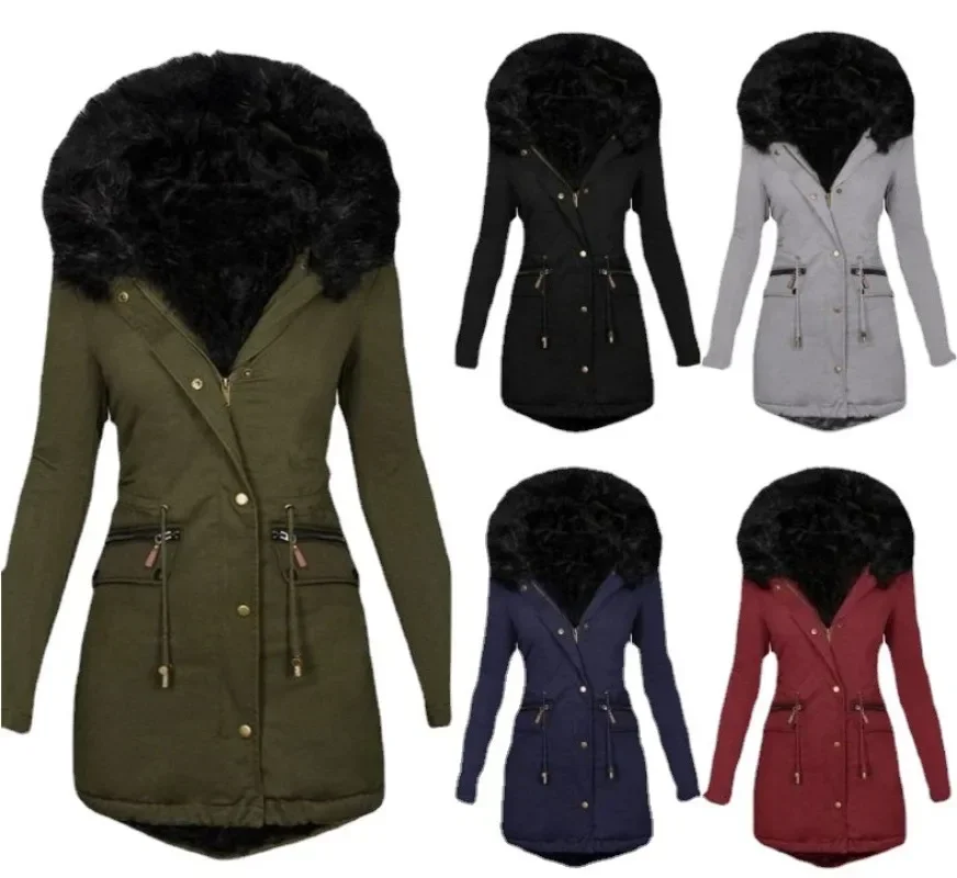 Womens Parkas  Autumn and Winter Solid Color Fur Collar Hooded Mid Length Warm Cotton Jacket for Women