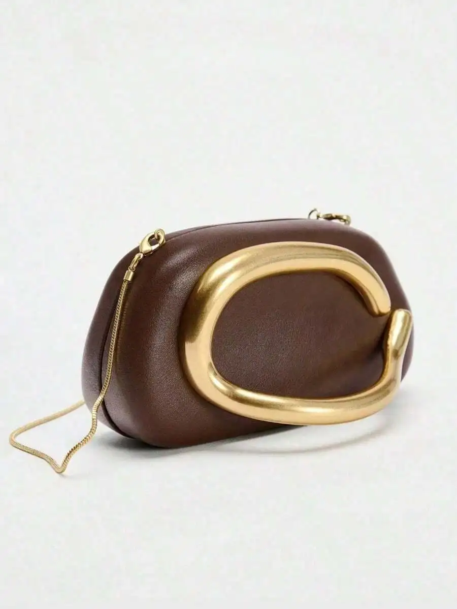 

Elegant Metal Decorated Clutch Bag Retro Minimalist Solid Color Chain Crossbody For Women Evening Party