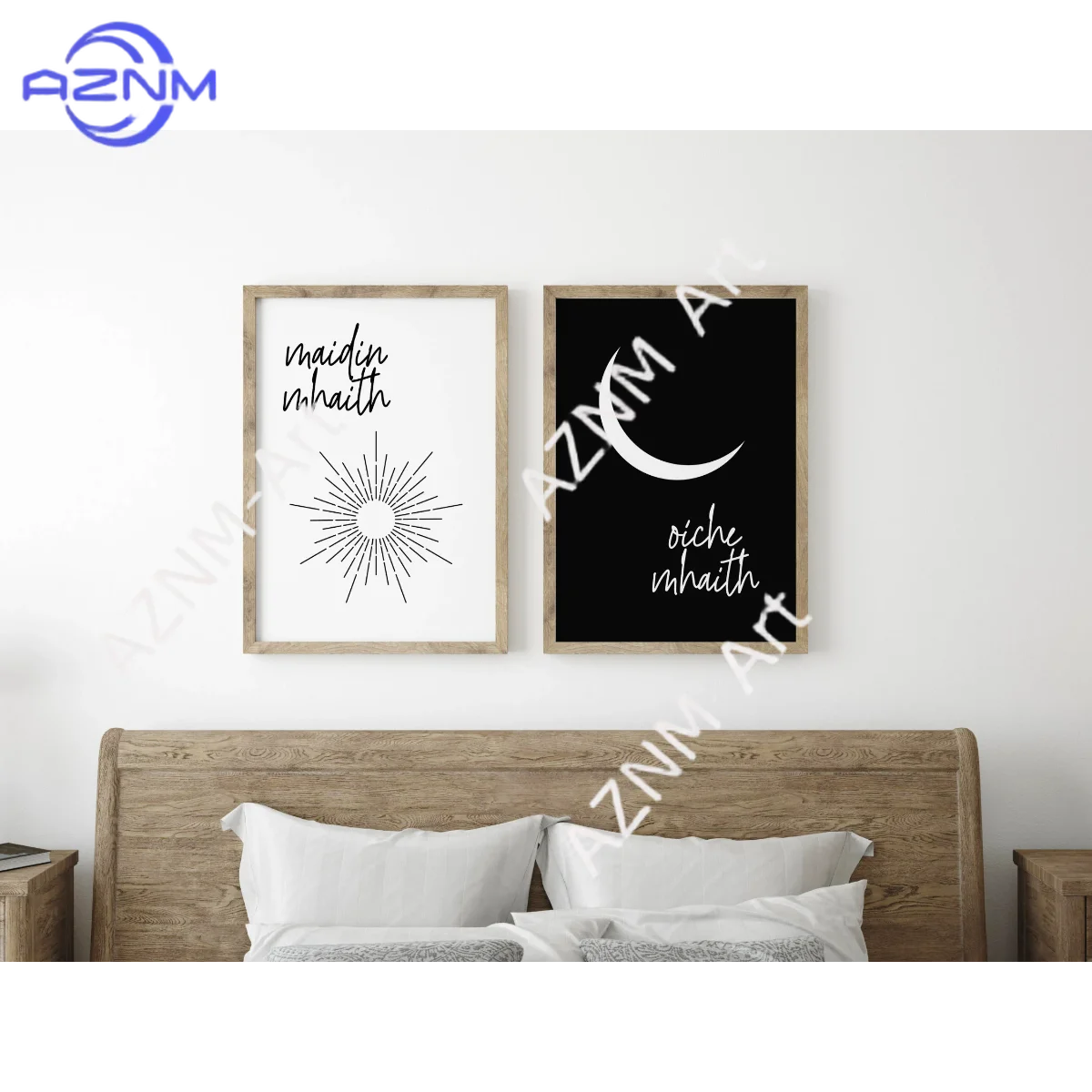 1/2 piezas de impresiones de buenos días y buenas noches, decoración sobre la cama, juego de 2 carteles para dormitorio, impresiones irlandesas de arte del sol y la luna, arte de pared Gaeilge