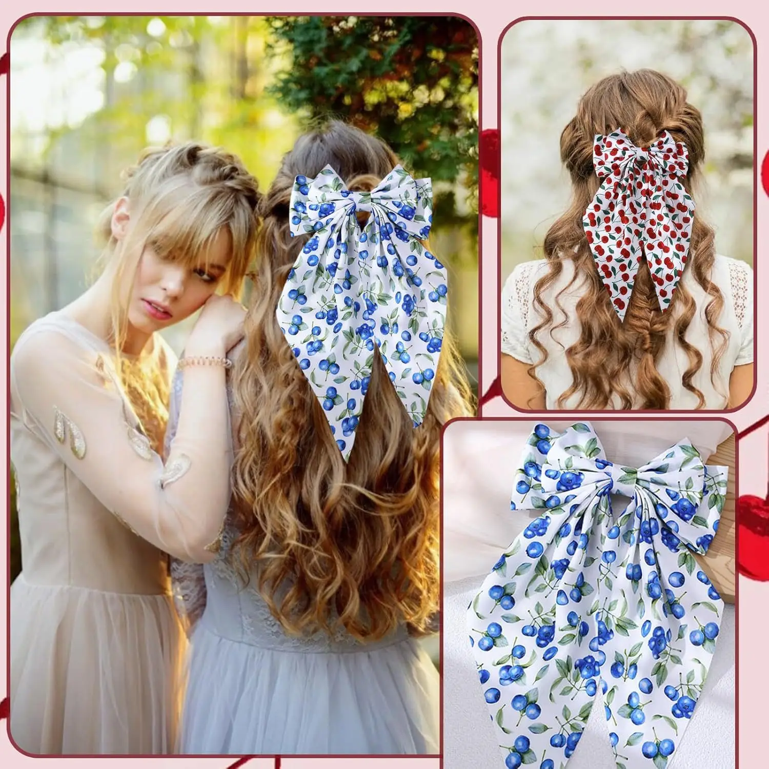 

Double Layer Bow Spring Hair Clip Cherry Print Ponytail Hairpin Long Ribbon Fabric Hair Clip Girls Sweet Elegant Accessories New