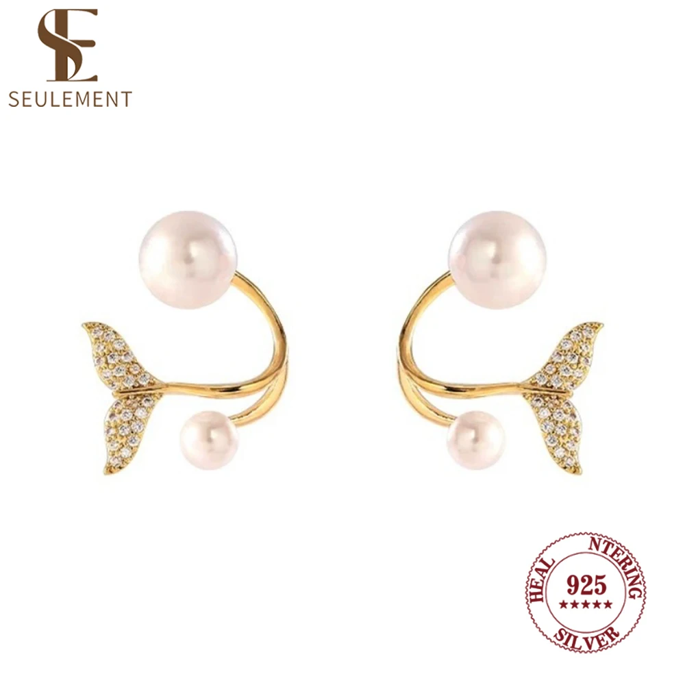 

Seulement 925 Sterling Silver Fish Tail Design Stud Earrings for Women Fashion Personal Pearl Earring girls Jewelry Accessories