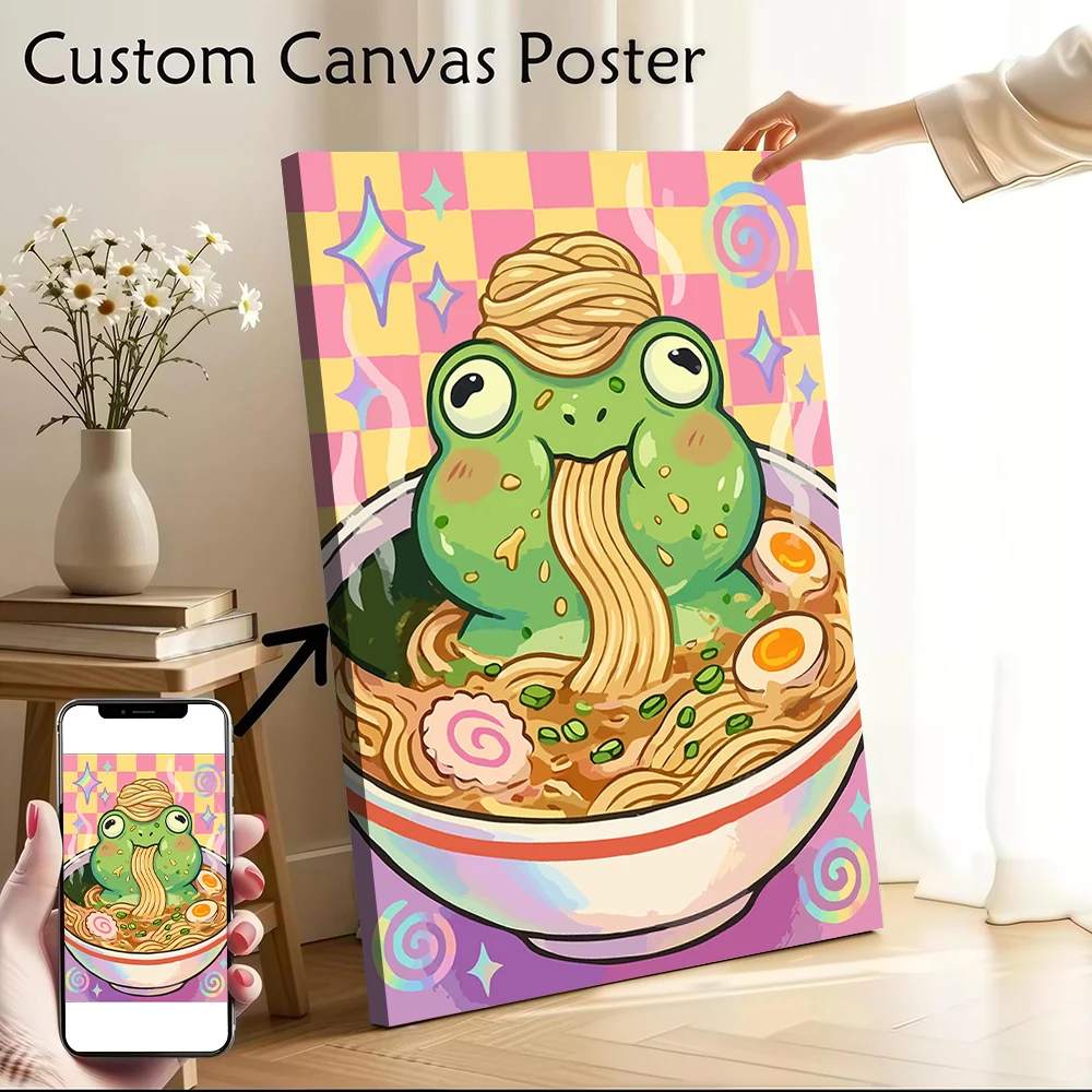 Póster de rana linda comiendo ramen, pintura en lienzo impresa personalizable para imágenes, arte de pared, decoración de dormitorio, adornos para habitación, mural