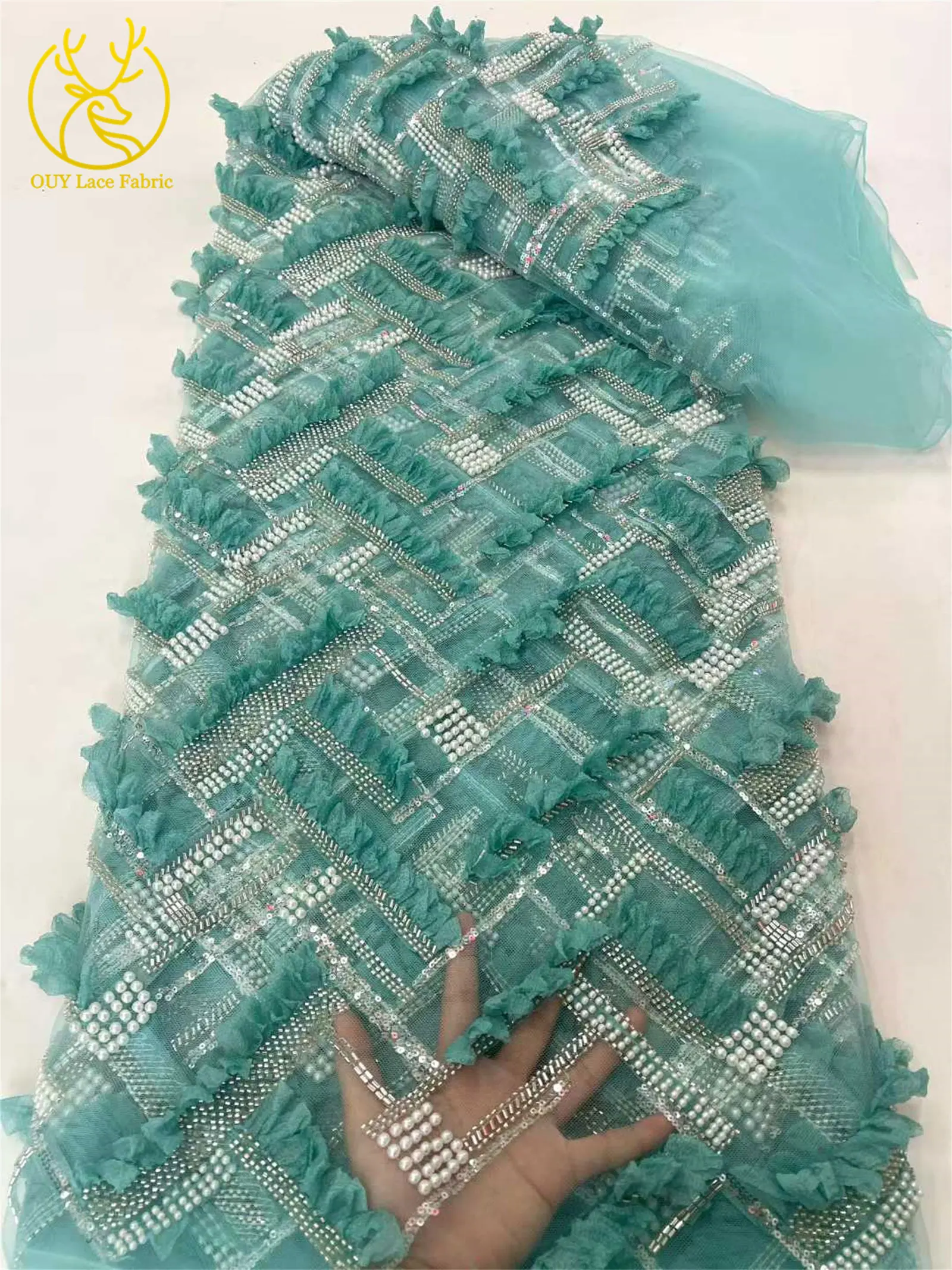 Neues Design 3D Afrikanischer Perlenstickerei-Spitzenstoff 2026 Hochwertiger Französischer Pailletten-Tüllspitzenstoff für Nigerianische Hochzeitskleider – Detail 8