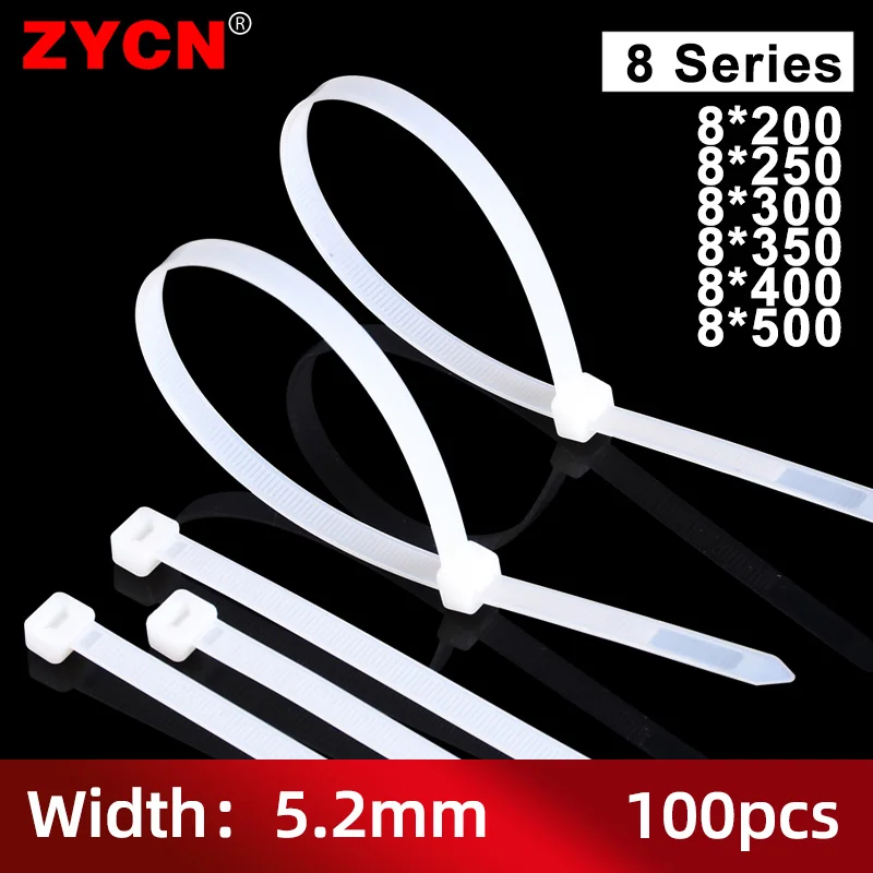 Nylon Self Locking Fasten Loop Plastic Wire Fixing Strap Strong Tensile Cable Tie 8 Series, Width5.2*200, 250, 300, 400mm 100Pcs