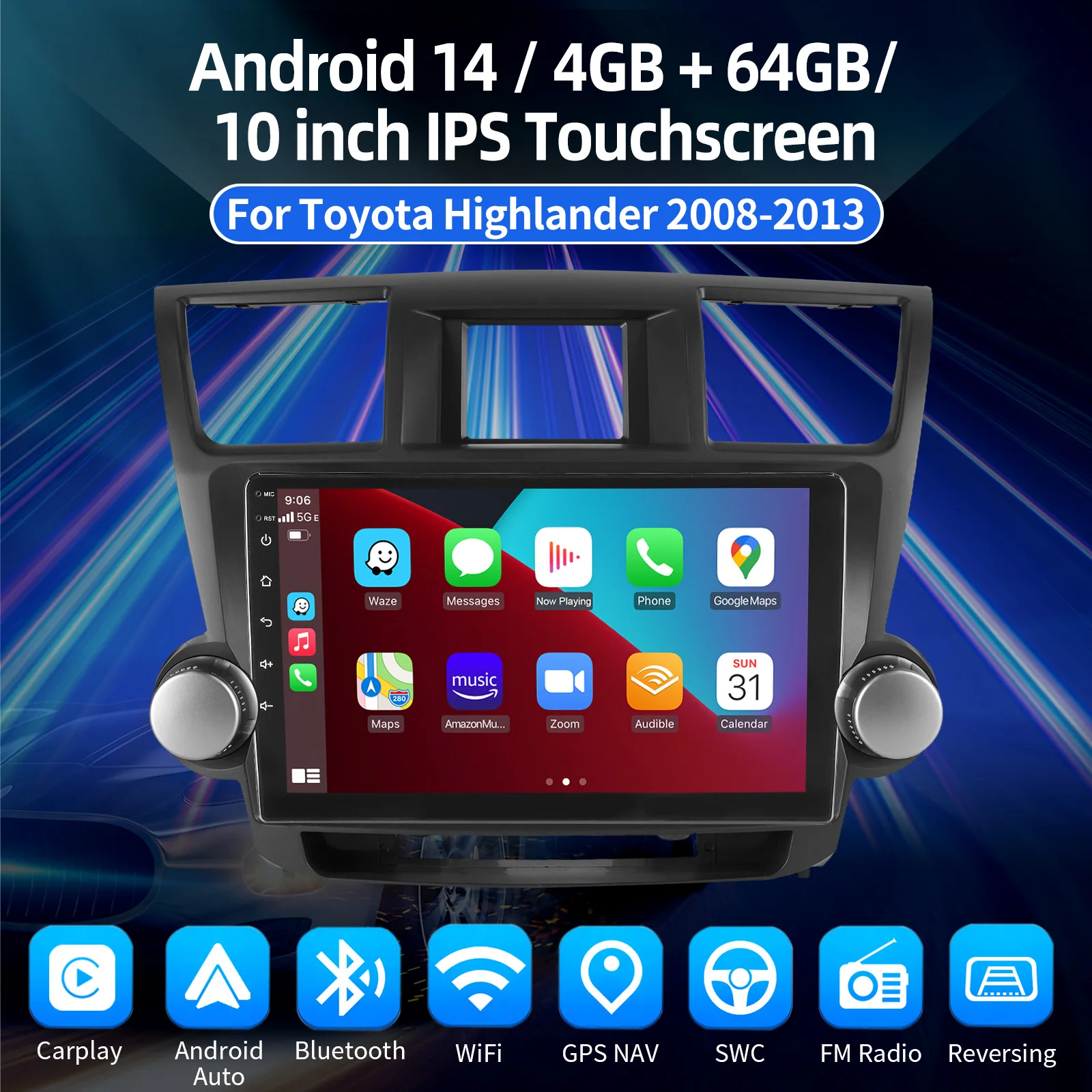 Carplay أندرويد 14 راديو السيارة التلقائي لتويوتا هايلاندر 2007 2008 2009 2010-2013 الوسائط المتعددة نظام تحديد المواقع ستيريو 2din شاشة Autoradio SWC #2