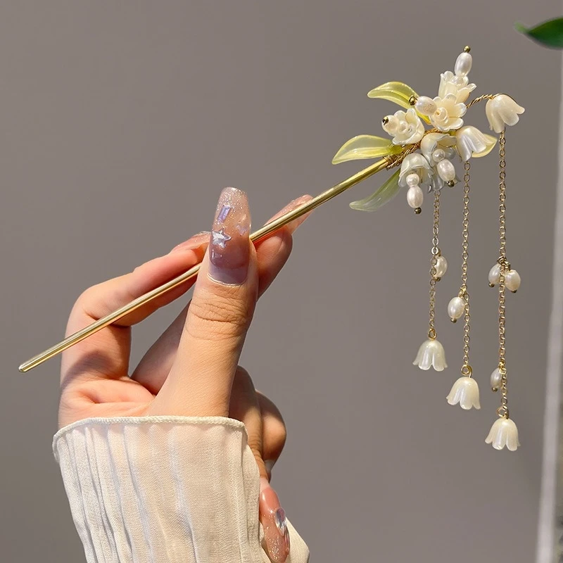 2024 New Pearl Bell Orchid Flower Tassel Hair Pin Vintage Ponytail Headdress Styling Tool Girls Hair Grips Gift Hair Accessories