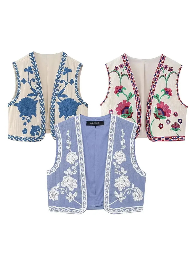 2024 Women Elegant Blue Floral Embroidery Cardigan Vest V Neck Short Tops Woman Casual Y2K Tops Fashion High Street