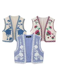 2024 Women Elegant Blue Floral Embroidery Cardigan Vest V Neck Short Tops Woman Casual Y2K Tops Fashion High Street