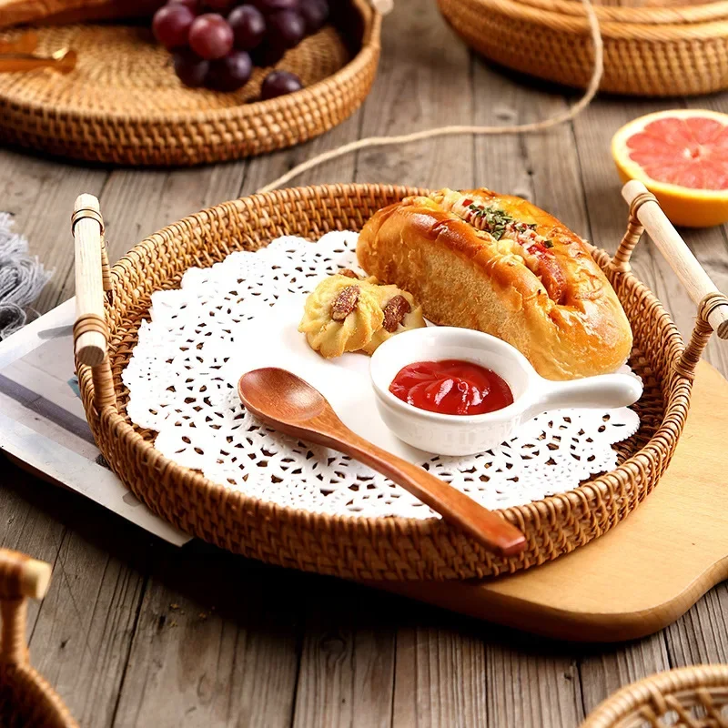 Vine Weaving Fruit Basket Cake Plate Vine Weaving Tray Home Living Room Bread Bamboo Weaving Basket Storage Plate