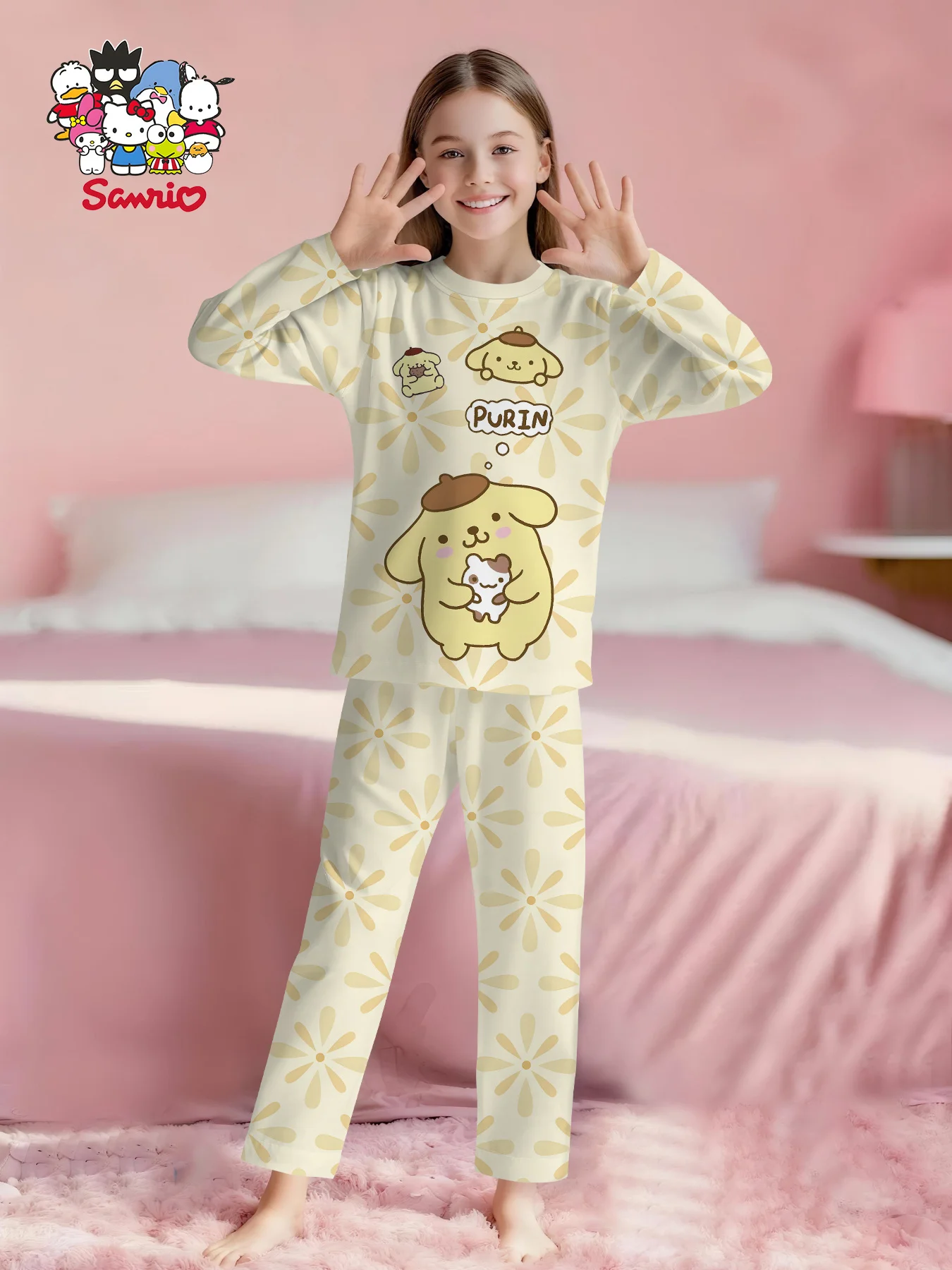

Новые пижамные комплекты Sanrio Hello Kitty для девочек, одежда для сна, пижамы с длинными рукавами для взрослых и детей, удобная детская одежда для отдыха