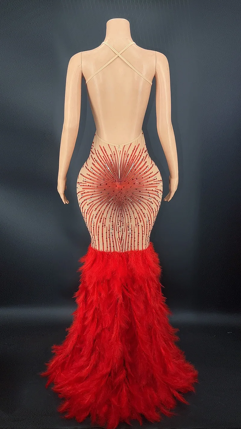Produits bleu strass plume robe maille rouge soirée élégante robes de soirée de luxe Abito Da Cerimonia Donna robes d'anniversaire