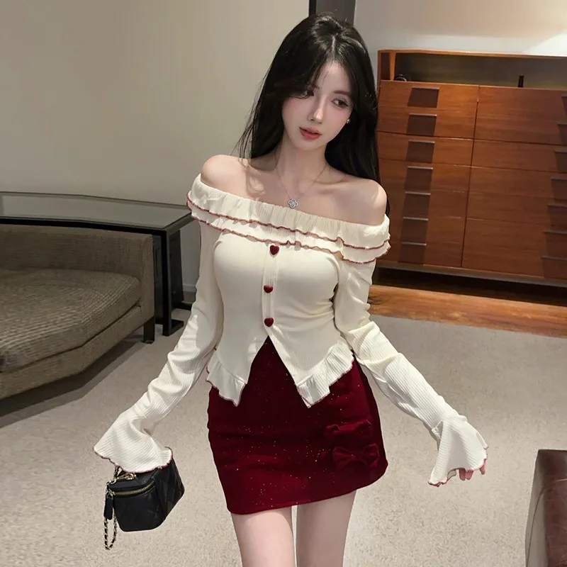

Sweet Knot Knitted Top High Waist ort Skirt Set Women's Casual Sportswear Sweet Sle Four Seasons Suitable