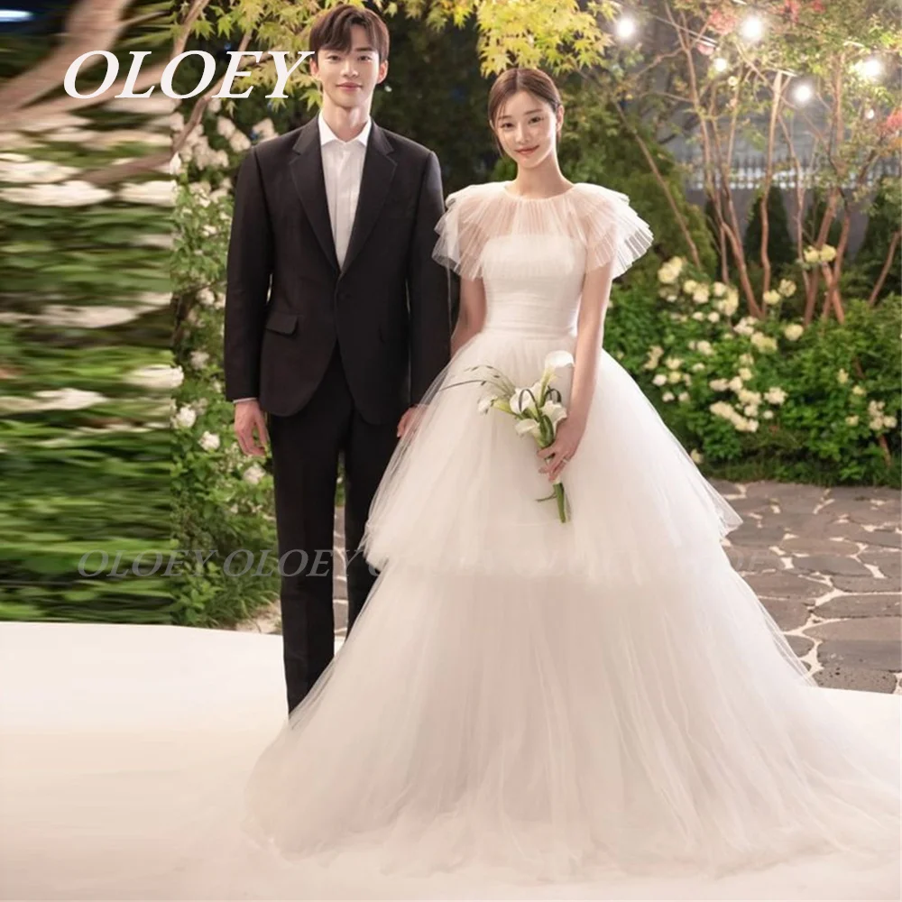 

OLOEY Luxury 2025 Korea Ivory Wedding Dress with Coat Photoshoot Pleats Tulle Layered Bridal Gown A Line Corset Customized