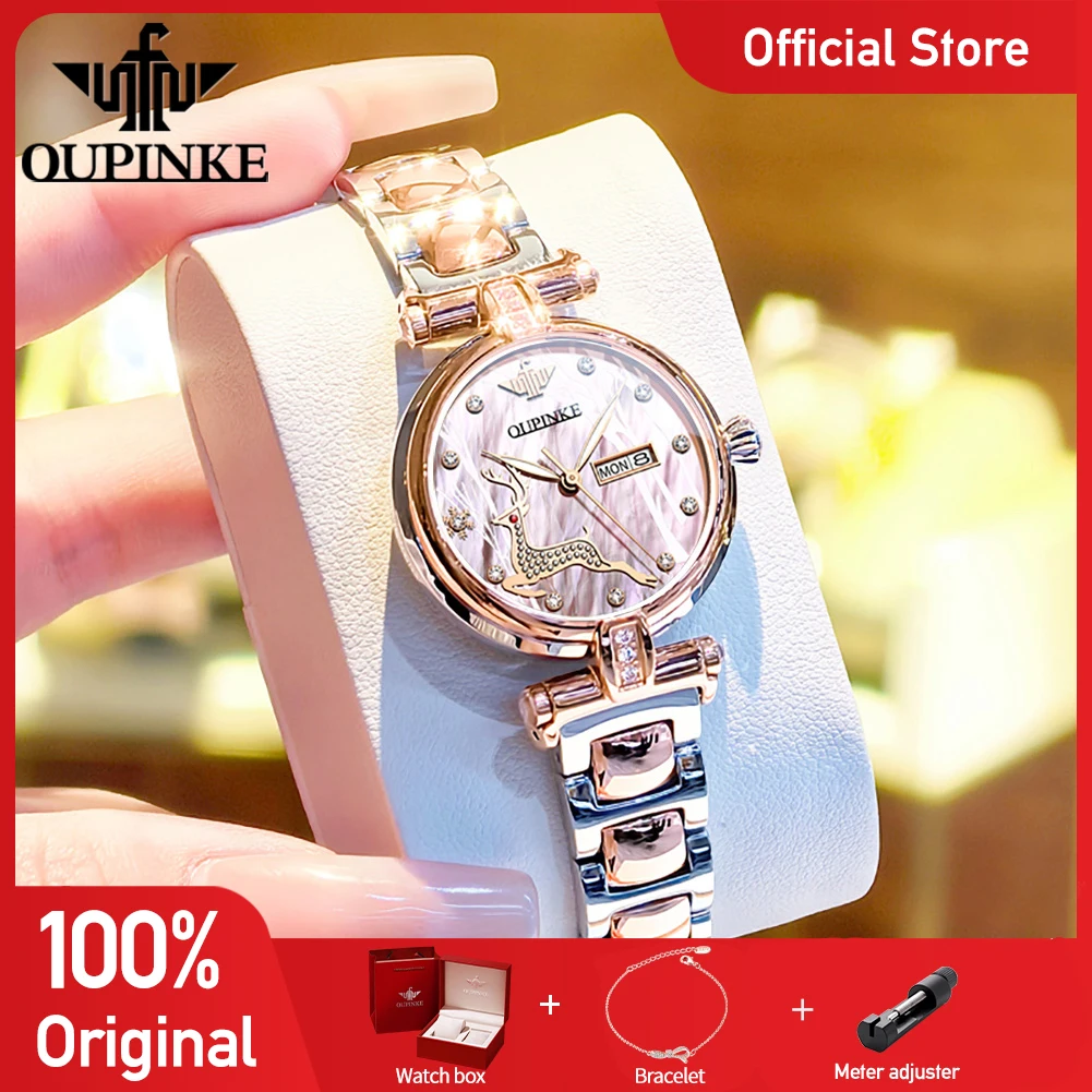 

OUPINKE 3180 Watches For Woman Luxury Elegant Automatic Mechanical Watch Deer Dial Stainless Steel Week Date Watch Gift Box
