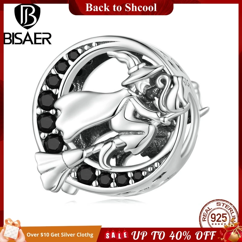 

BISAER 925 Sterling Silver Vintage Witch Charm Black Zircon Moon Bead Fit Women Halloween Party DIY Bracelet Jewelry ECC2405