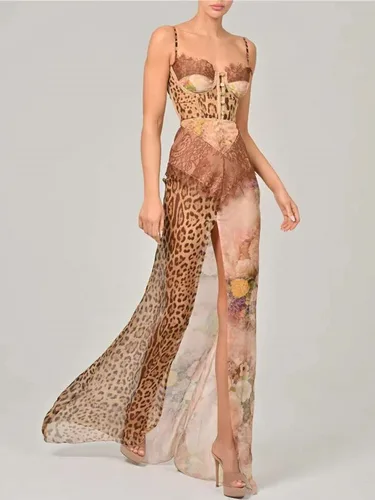 Imagen 2 del producto Blifanbo-Vestido largo sexi de encaje con estampado de leopardo para mujer, vestido elegante sin mangas de gasa con retazos y espalda descubierta para playa y noche