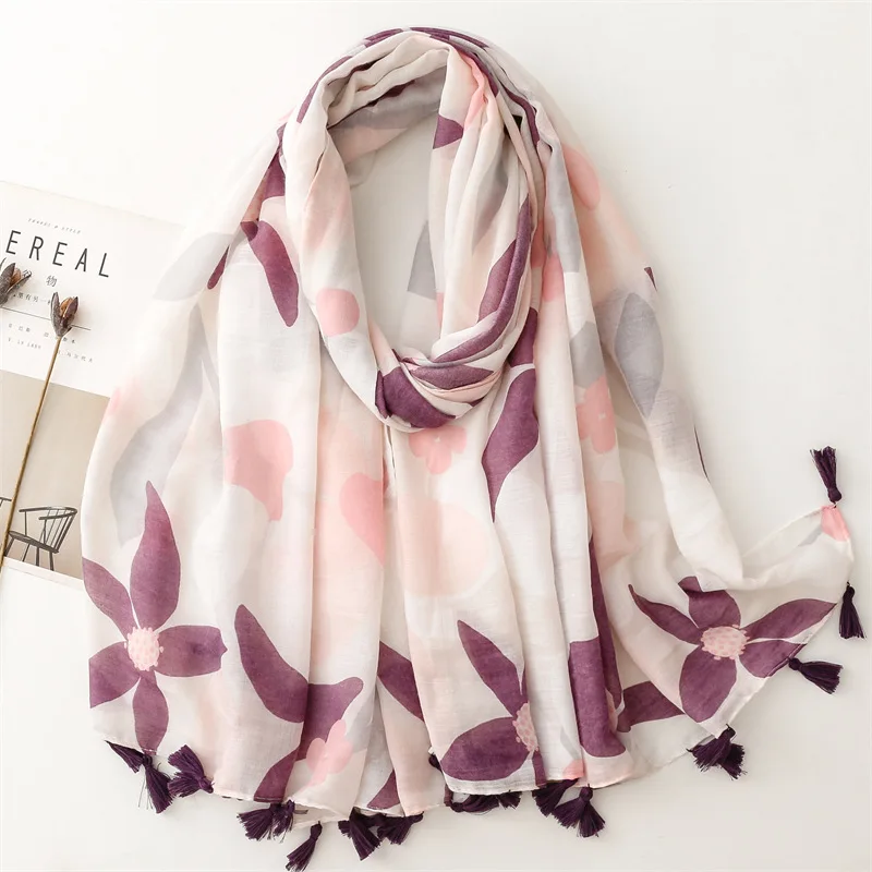 2024 Fashion Beautiful Cotton Flower Print Tassel Scarf Shawls Floral Pattern Head Scarves Hijab Wrap Wholesale 10pcs/LOT