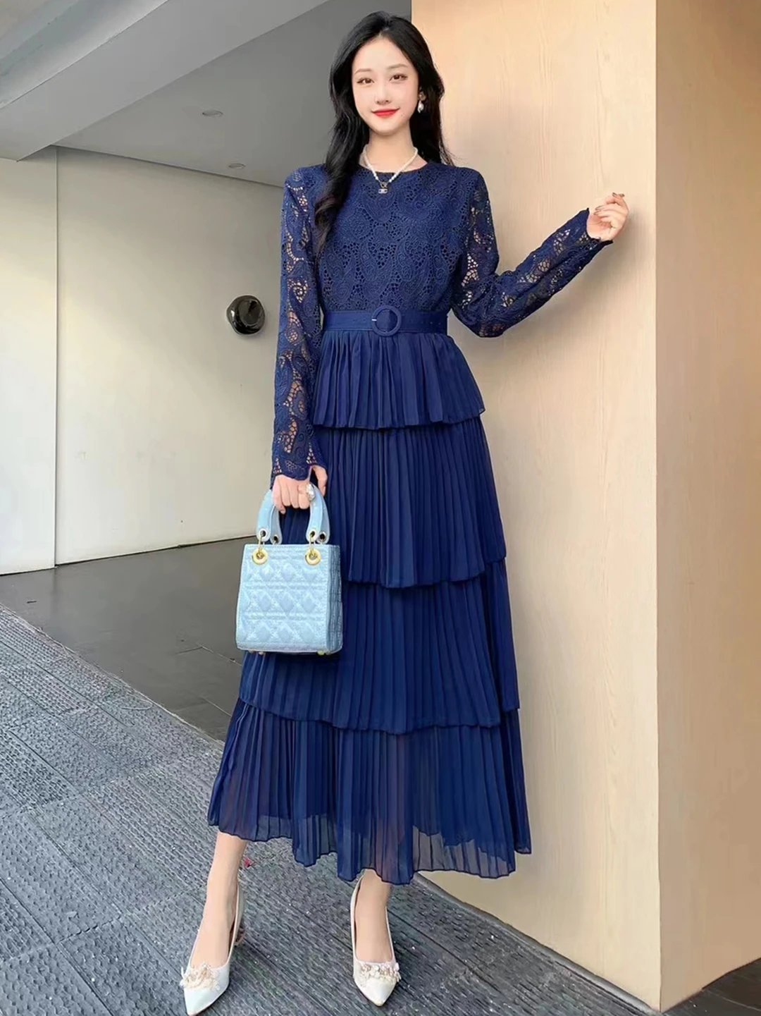 2024 New Spring Autumn Women Long Sleeve Belt Slim Long Dress High Quality Lace Patchwork Pleated Cake Hem Sweet Party Dress