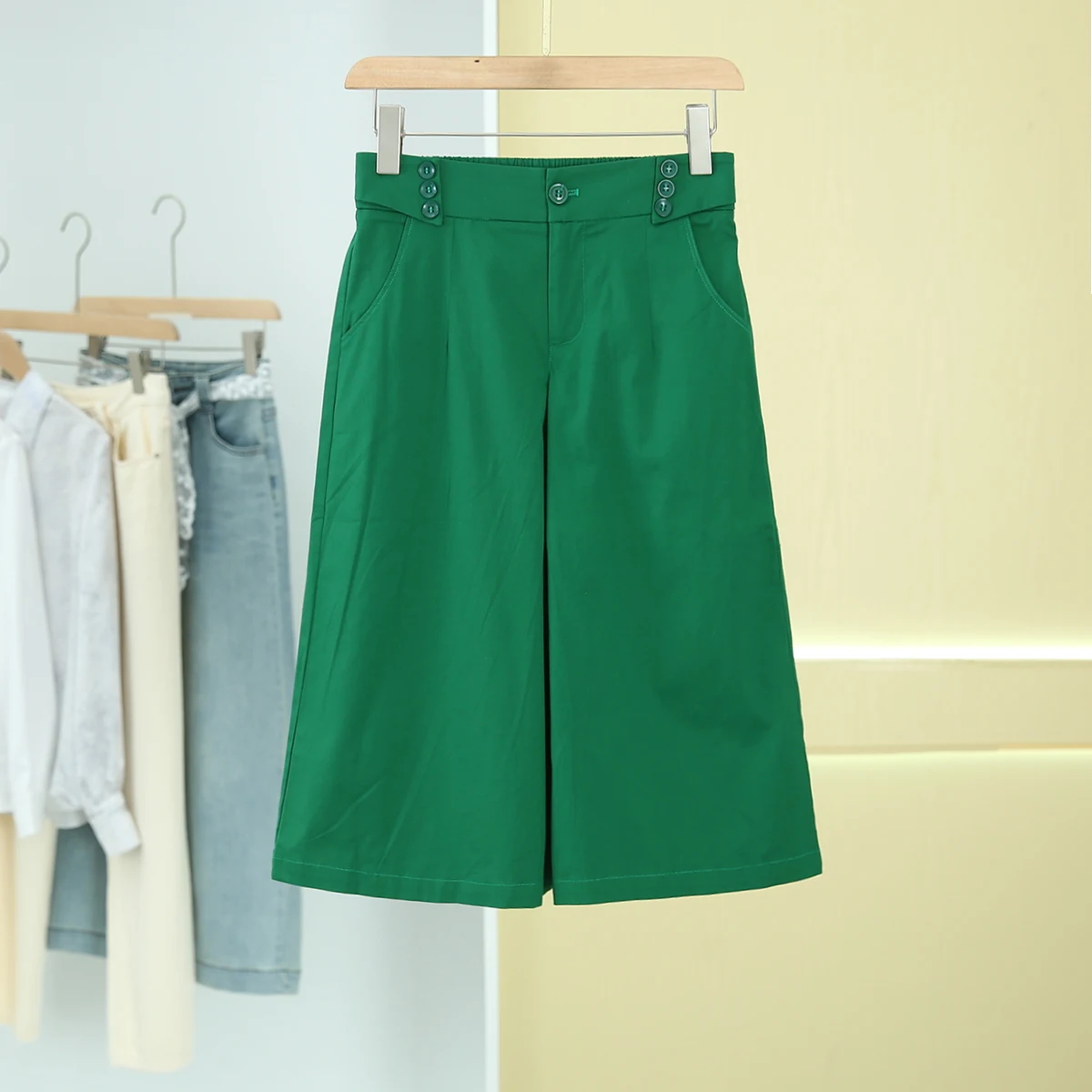 Faionable cor pura perna larga calças casuais solto elástico cintura alta sete comprimentos fibra modal novo verão sle