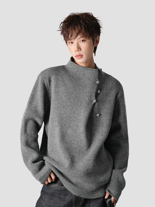 

Button Design Men's Sweater Lazy Sle Loose Knitwear Winter American Heavyweight Stand Collar Knitted irt Retro Sle Casu...