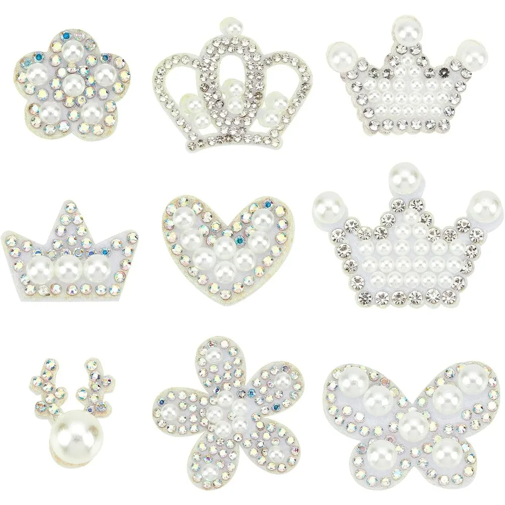 36Pcs Shinny Rhinestone Patches Crown Flower Heart Antlers & Butterfly Shaped Imitation Pearl Beads Crystals Appliques