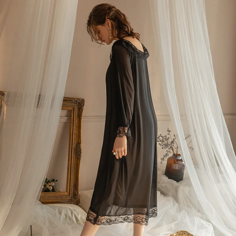 Sexy nightdress women's thin lined double-layer long-sleeved long black lace mesh sweet and pure princess style pajamas