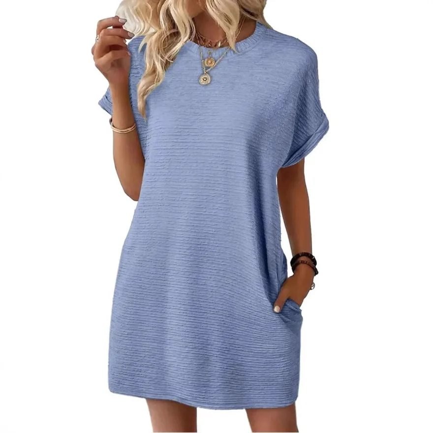 

Europe America 2025 Summer Loose Crew Neck Pocket Solid Color Short Sleeve Dress Women