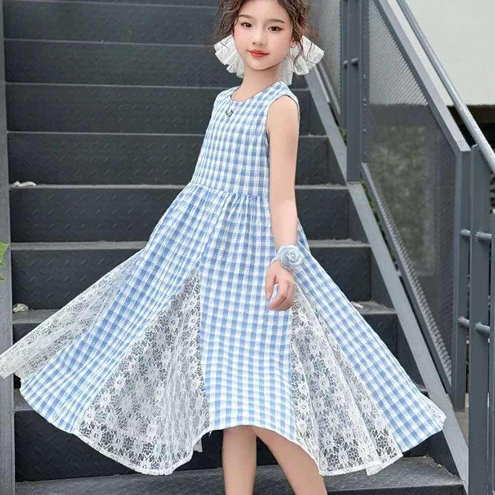 فستان منقوش برقبة دائرية للأطفال مع شبكة من الدانتيل وشبكة زهور فستان طويل بدون أكمام للفتيات تنورة مرقعة للسفر