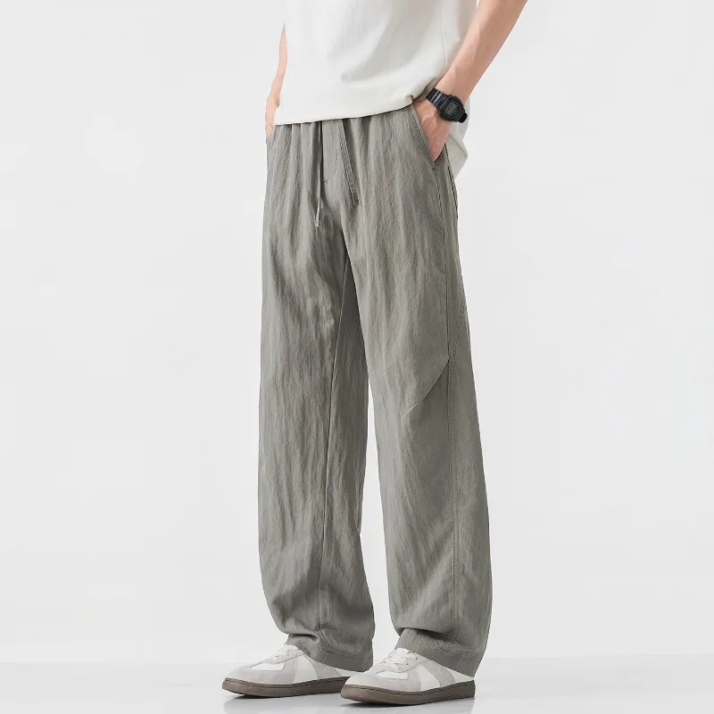 

2026 Spring Summer New Thin Lyocell Breathable Linen Straight Pants for Men Clothing Comfort Drawstring Male Trousers