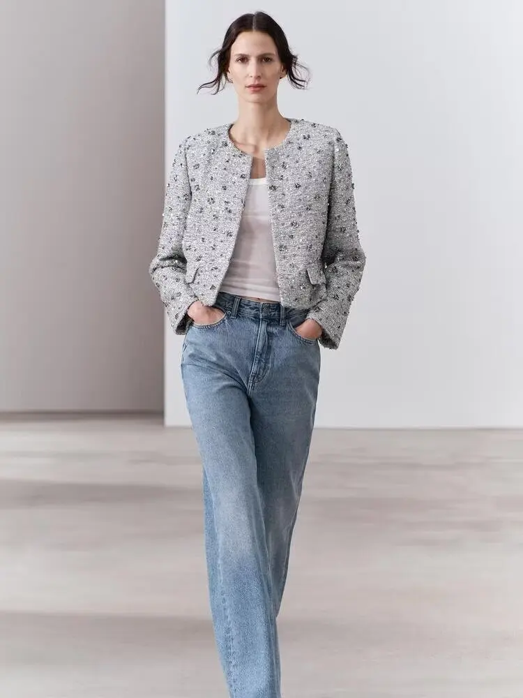 

Spring 2024 New Small Fraance Sle Women's Top ZW Series Bead Decorated Jaet Trendy Loose Fit Long Sve round Ne Button