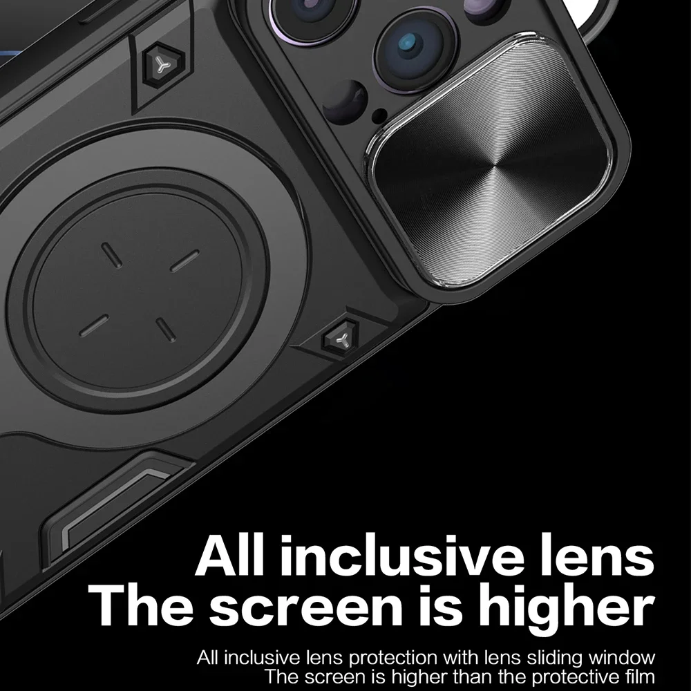 Case For iPhone 16 15 14 13 12 11 Pro Max XR XS Plus Magnetic Camera Slide Protector Ring 360 Rotate Kickstand Shockproof Cover