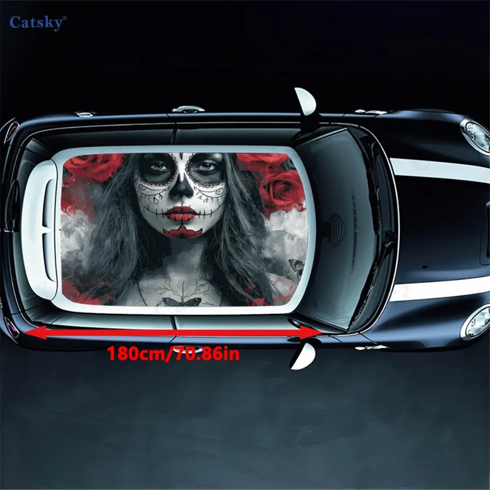 Beautiful Sugar Skull Makeup Girl Red Rose Car Roof Sticker, PVC Self-Adhesive Waterproof Car Vinyl Decal, Car Decoration Protec