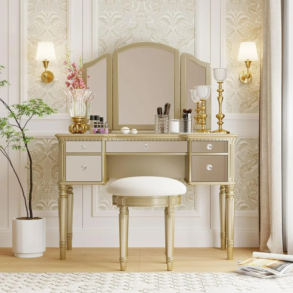 

Vanity,with Mirror And Stool,with Drawers,Tri-Fold Mirror, Stool Included,vanity Makeup Desk