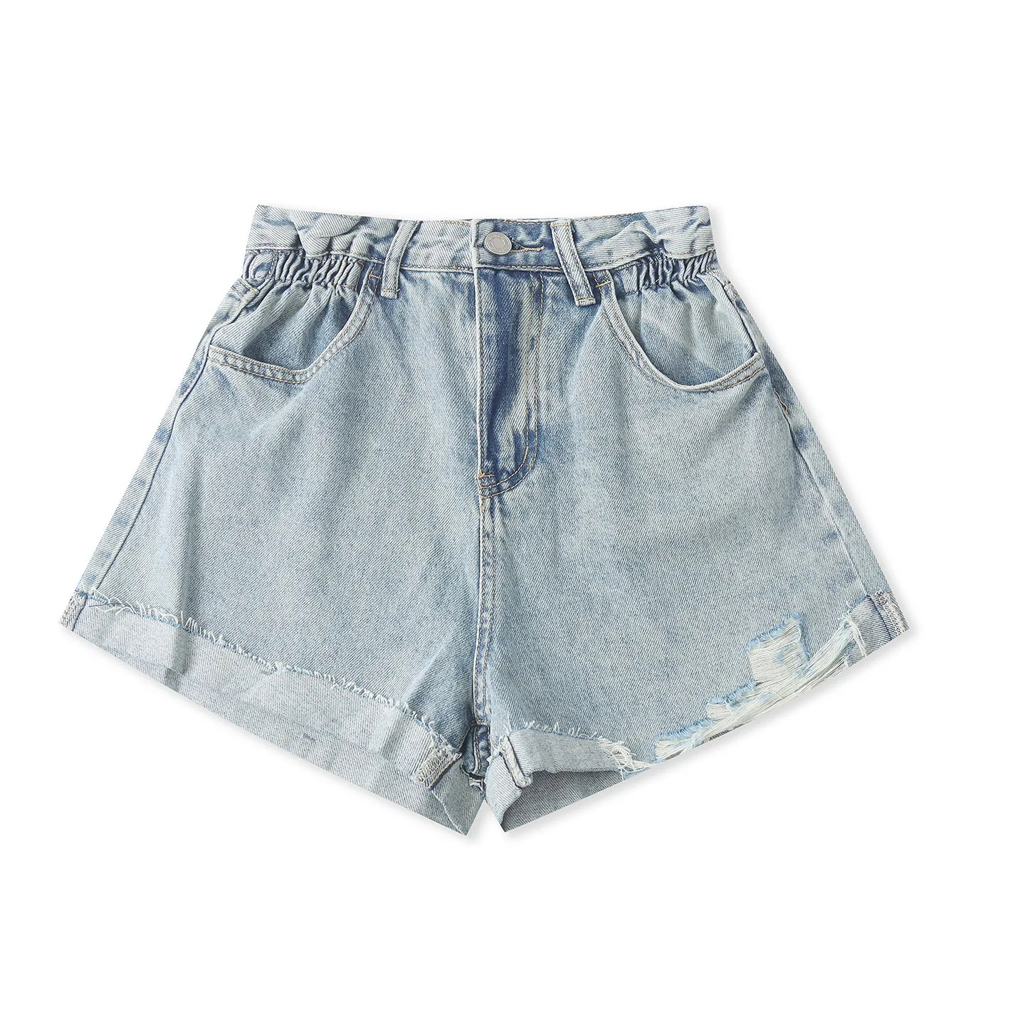 

High Waist Cuffed Denim Shorts Casual Loose Multi-Pocket Versatile Hole Punching Summer New Women's Clothing 19407