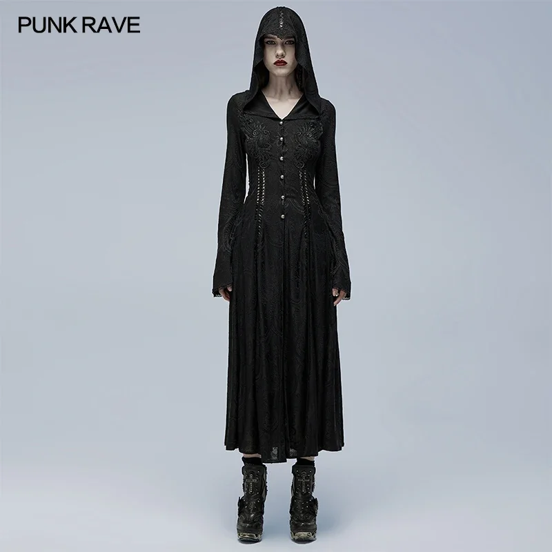 

PUNK RAVE Women's Gothic Palace Exquisitely Embossed Cut-out Applique Jacket Fashion Party Club Women X-Long Coat Dress Woman