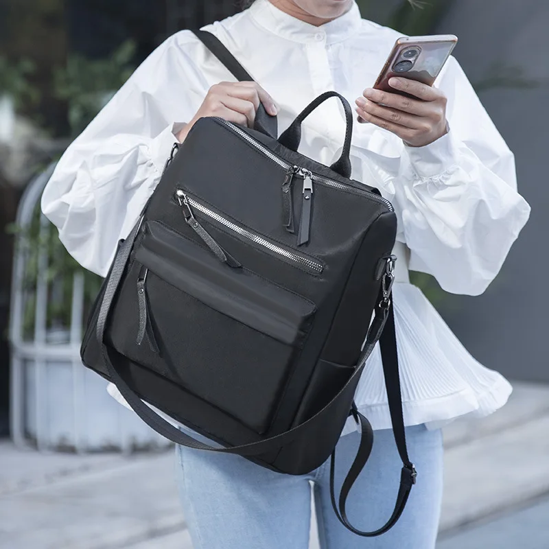 

Casual Backpack Women Double Shoulder School Bag Teenage Youth Black Backpacks Outdoor Oxford Cloth Zipper Travel Lady Bags