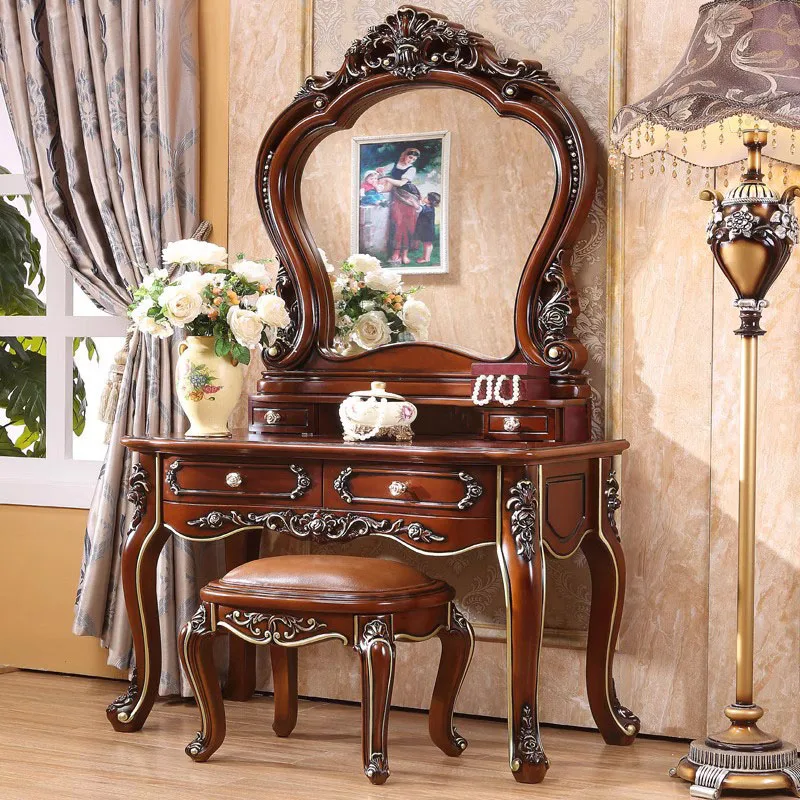 

European retro style Bedroom dressing table with mirror comfortable for bedroom vanity desk Wooden Dressing table home furniture