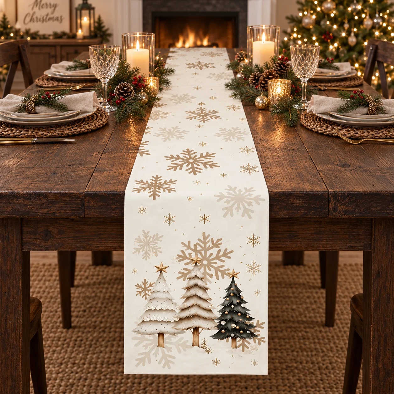 Modern Minimalist Christmas Tree Snowflake Table Runner, Easy-Care Rectangular Decor for Dining Coffee Table Holiday Party Decor