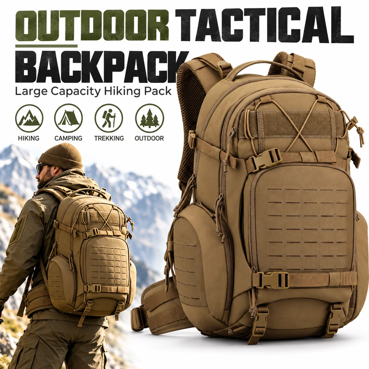 Tactical Outdoor Backpack Military Style Hiking Bag MOLLE System Large Capacity Travel Pack Adjustable Shoulder Straps Bag