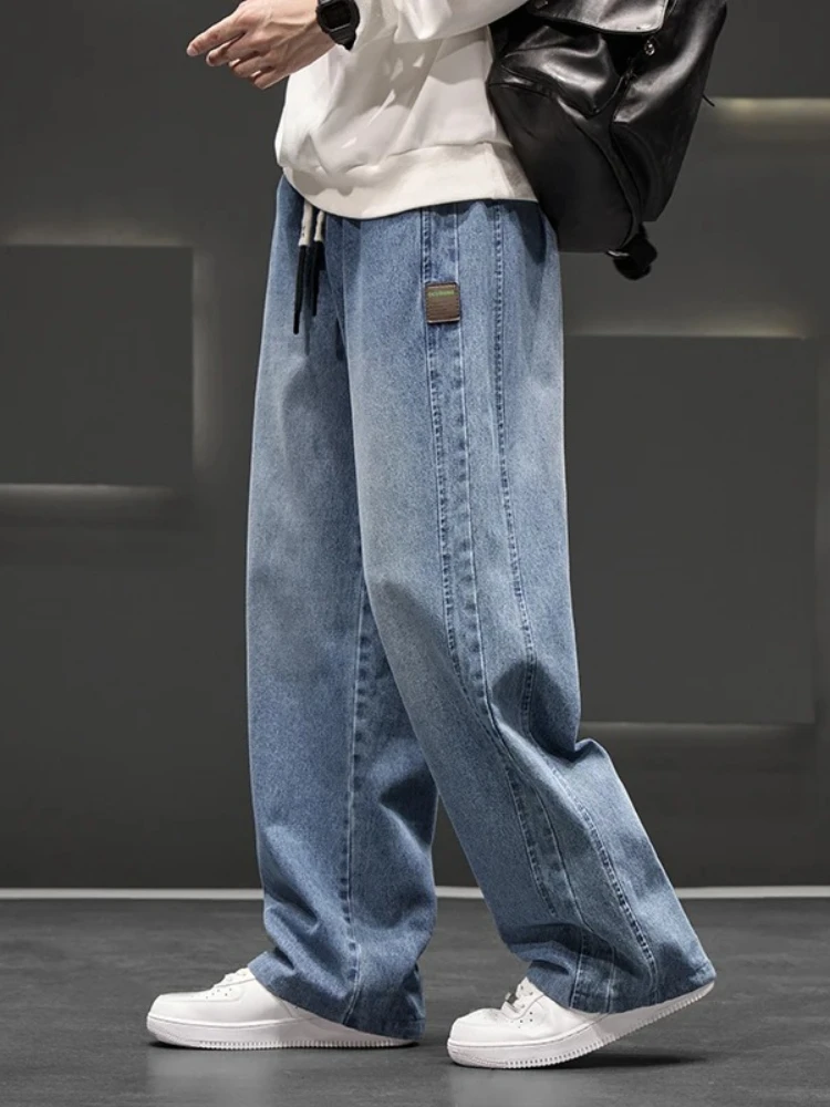 Spring New Wide Jeans Men Straight Vintage Drawstring Trousers Loose Pants Casual Solid Color Fashion Pants Big Size