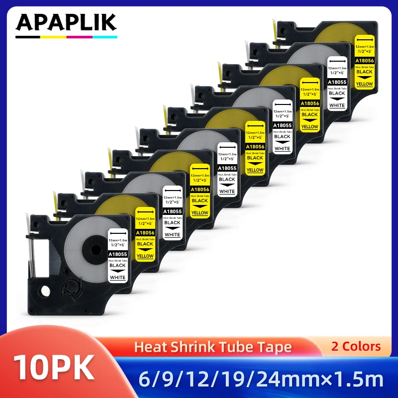 APAPLIK 10Pack 18055 Black on White For DYMO Rhino IND Heat Shrink Tubes 1000 3000 4200 5000 Labeling Machine 18051 18053 18057