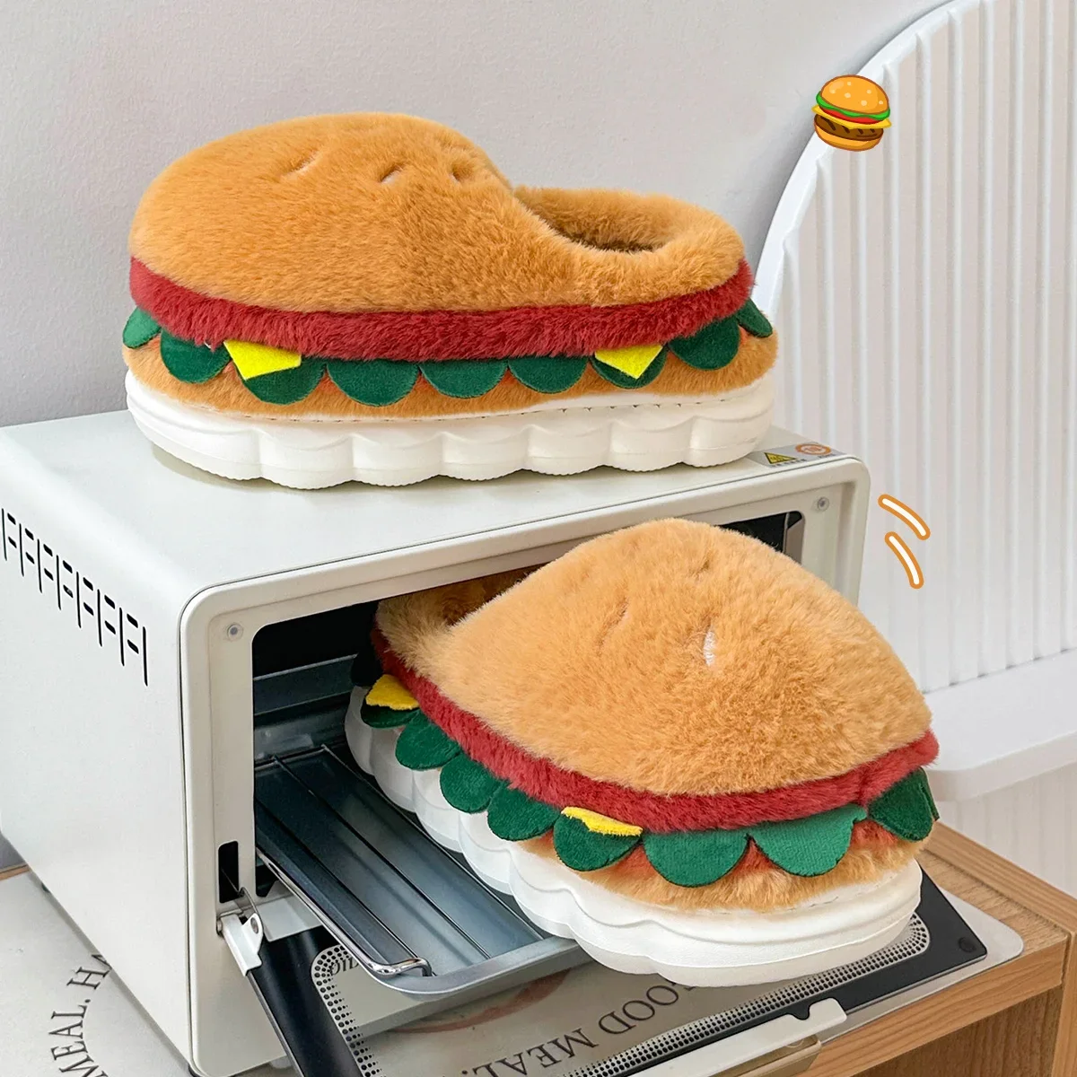 Creative Simulation Hamburger Slippers Women Men Funny Thick Sole Plush Shoes Non-Slip Soft Bottom 3D Cartoon Slides Indoor Home