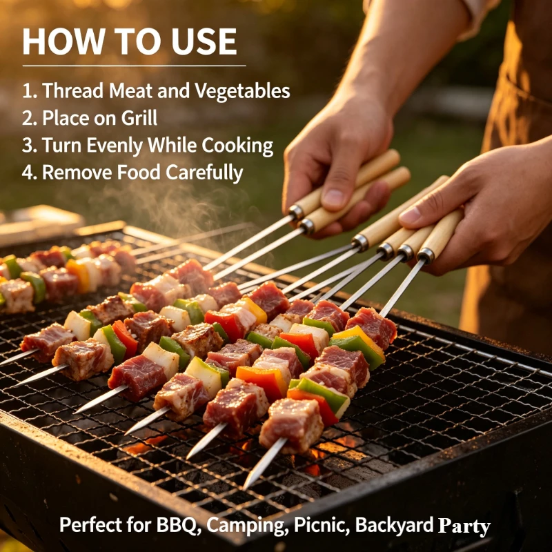 5/10Pcs Stainless Steel BBQ Skewers with Wooden Handle Anti Scalding Reusable Wide Flat Metal Kabob Sticks for Grilling Outdoor