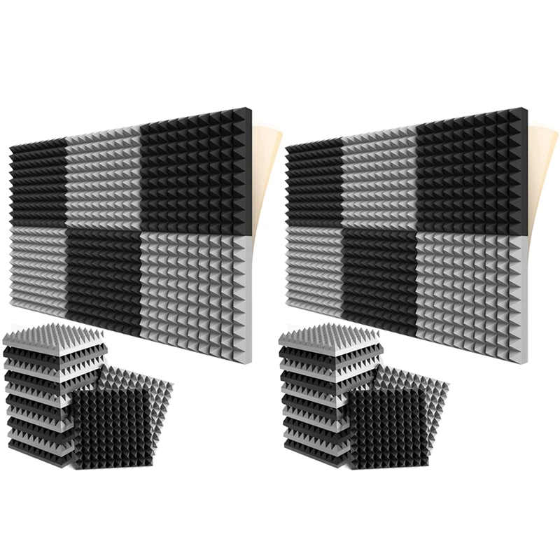 

24 Pack Self-Adhesive Sound Proof Foam Panels 2X12X12 Inch Pyramid Design Acoustic Foam,For Home Studio,Black + Gray