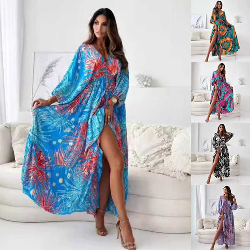 فساتين نسائية أنيقة بأكمام طويلة لقضاء العطلات على الشاطئ فستان ماكسي برباط Dolgie Sukienki Vestidos De Playa فساتين صيفية للسيدات
